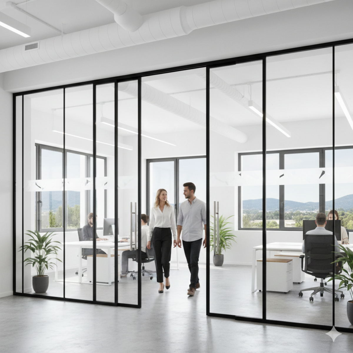 Porte coulissante intégrée à des cloisons amovibles dans des bureaux vers Nice